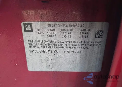 2017 Chevrolet Cruze Lt Auto z USA, uszkodzony, nr VIN 1G1BE5SM9H7197236